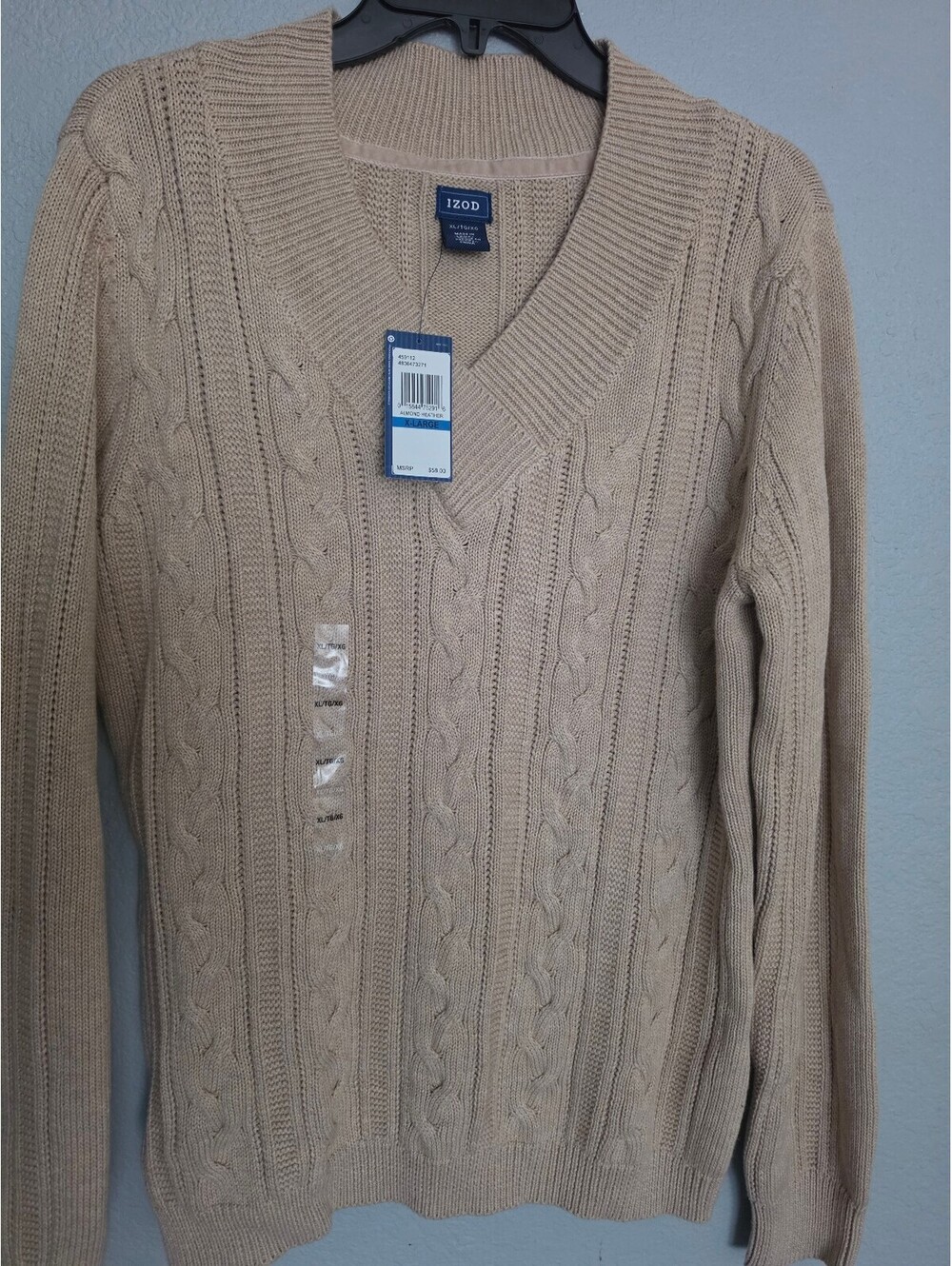 IZOD Almond Heather Cable Knit V-Neck Sweater XL